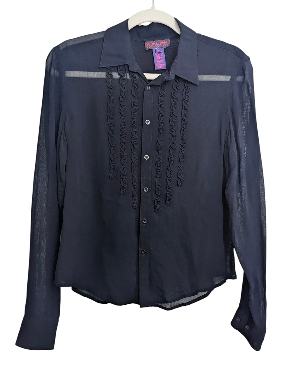 Vintage 90s Ralph Lauren Plaid Label Womens Sheer Black Tuxedo Ruffle Shirt Sz M